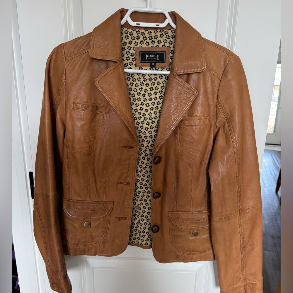 Brown leather blazer Plongé Tan genuine jacket blazer camel button up medium